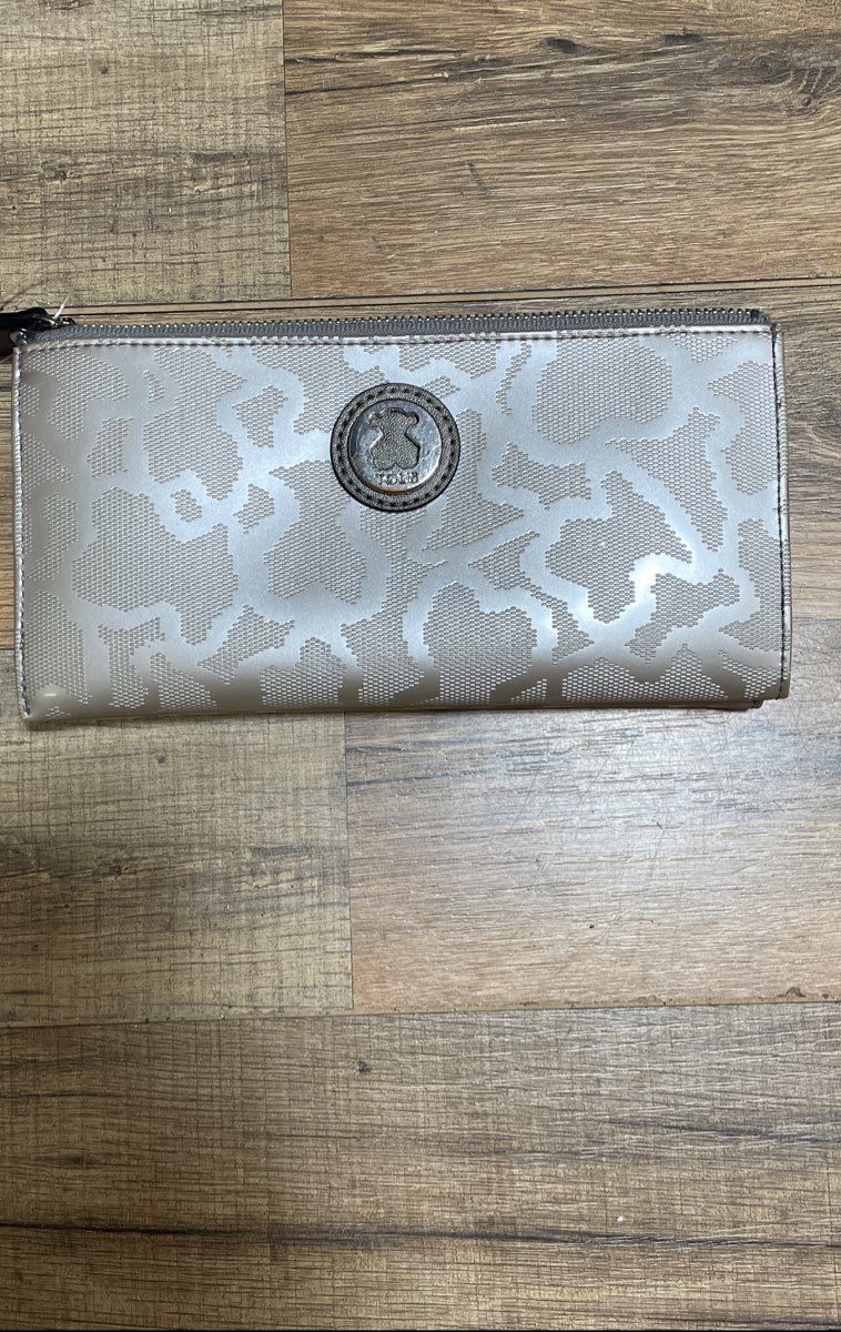 Tous White Shimmer Bear Logo Monogram Continental Wallet Silver Hardware