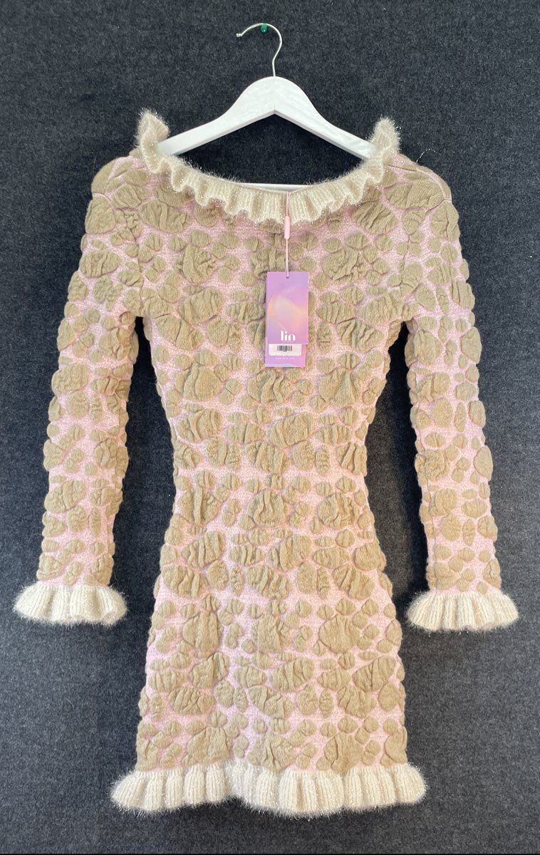 Lin Chao Zhang Women's Pink Bubble Textured Knit Ruffled Mini Dress NWT Sz M/L
