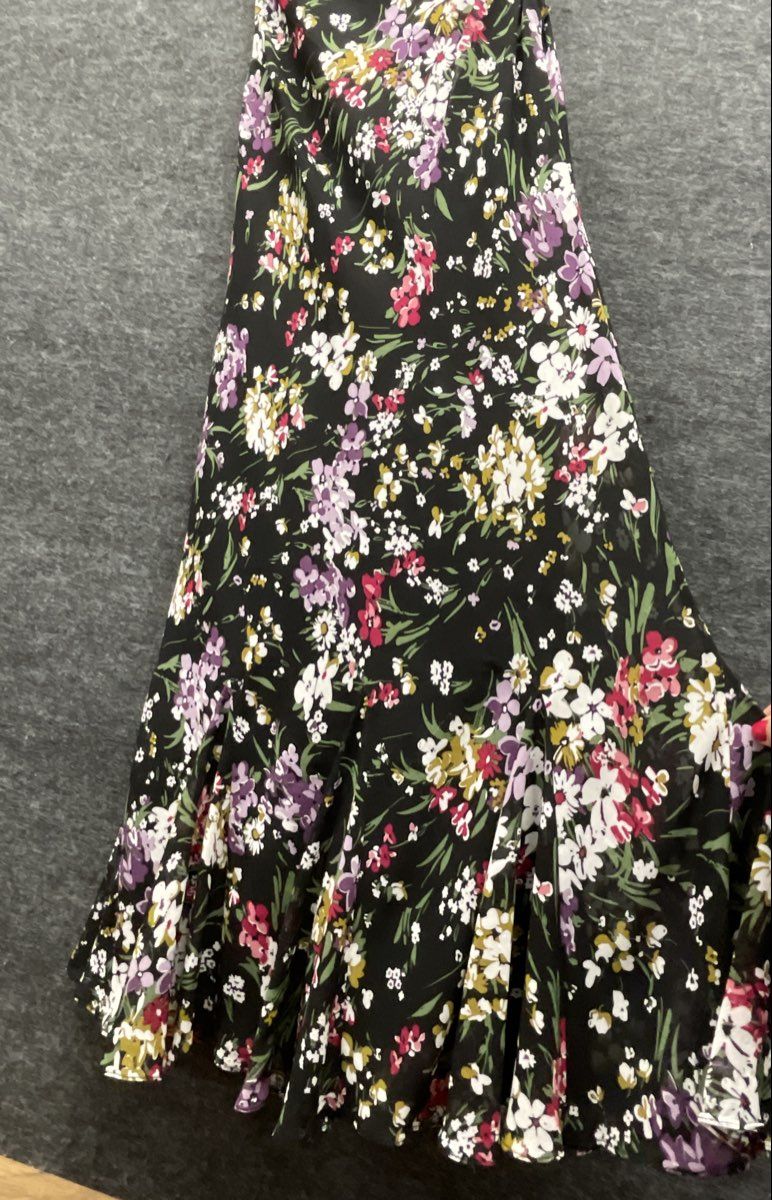 Chaps Women's Black Sleeveless Floral Print Midi Dress Tiered Flare Skirt Sz 6