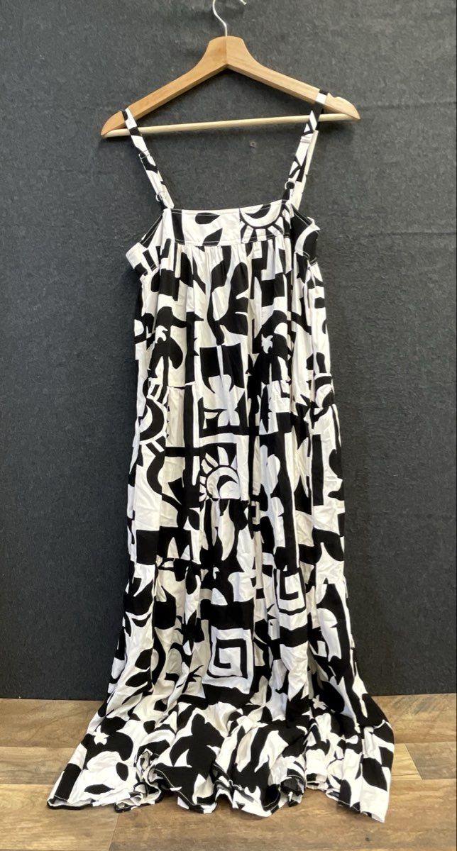 Abel the Label Women's Black White Graphic Tiered Maxi Dress Rayon Sz S