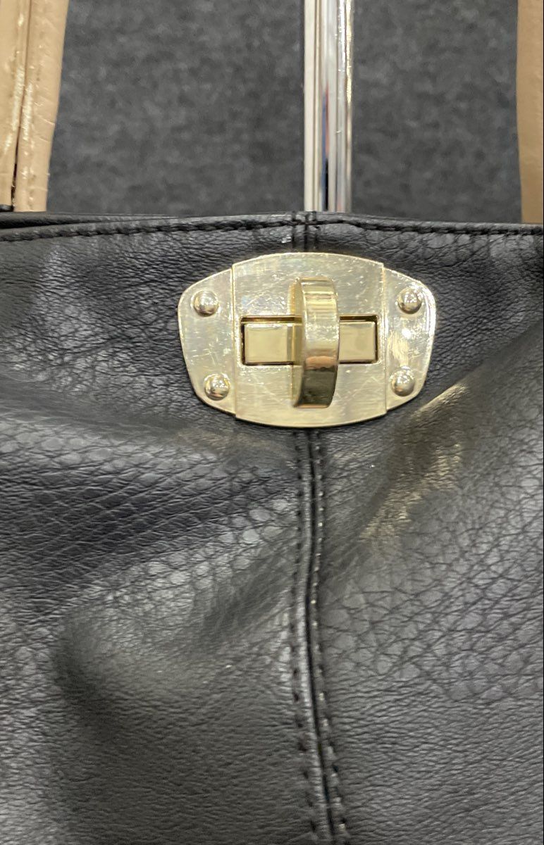 Charming Charlie Black Pebbled Faux Leather Tote Handbag Tan Handles Gold Tone