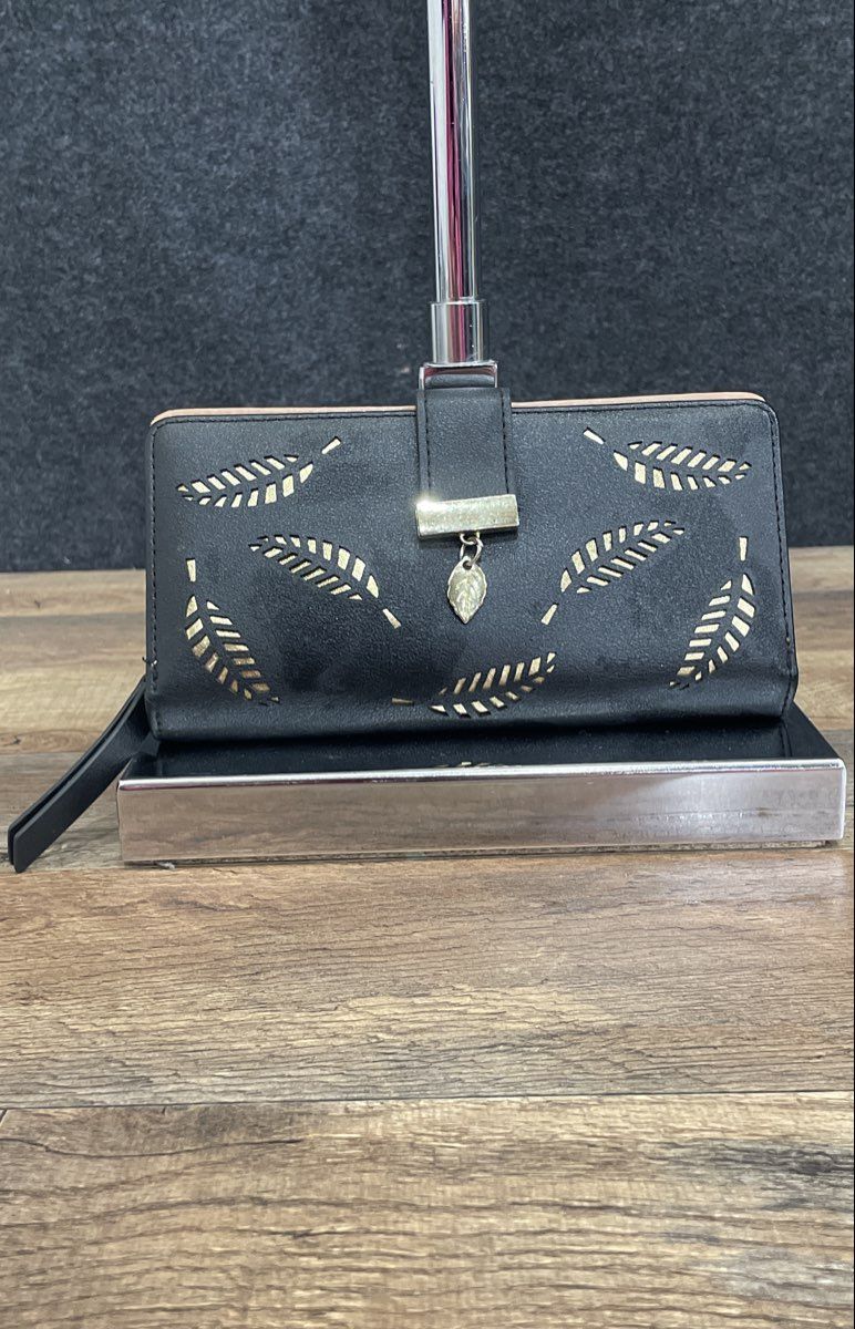 Black Faux Leather Leaf Pattern Cutout Continental Wallet Gold Tone Charm