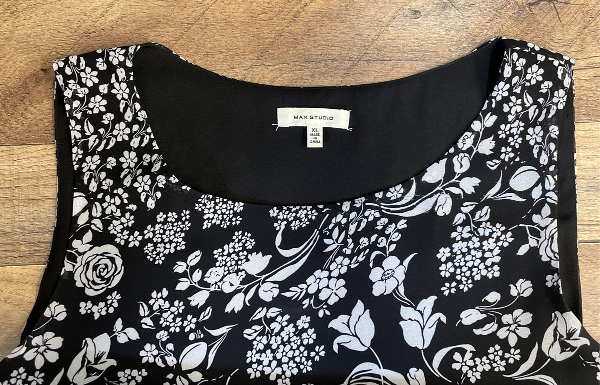 Max Studio Women's Floral Scarf Hem Shift Dress Black White Sleeveless Sz XL