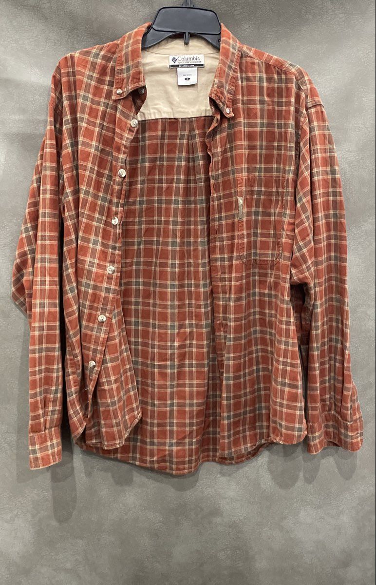 Columbia Men's Orange Plaid Casual Long Sleeve Cotton Button Up Shirt Sz M