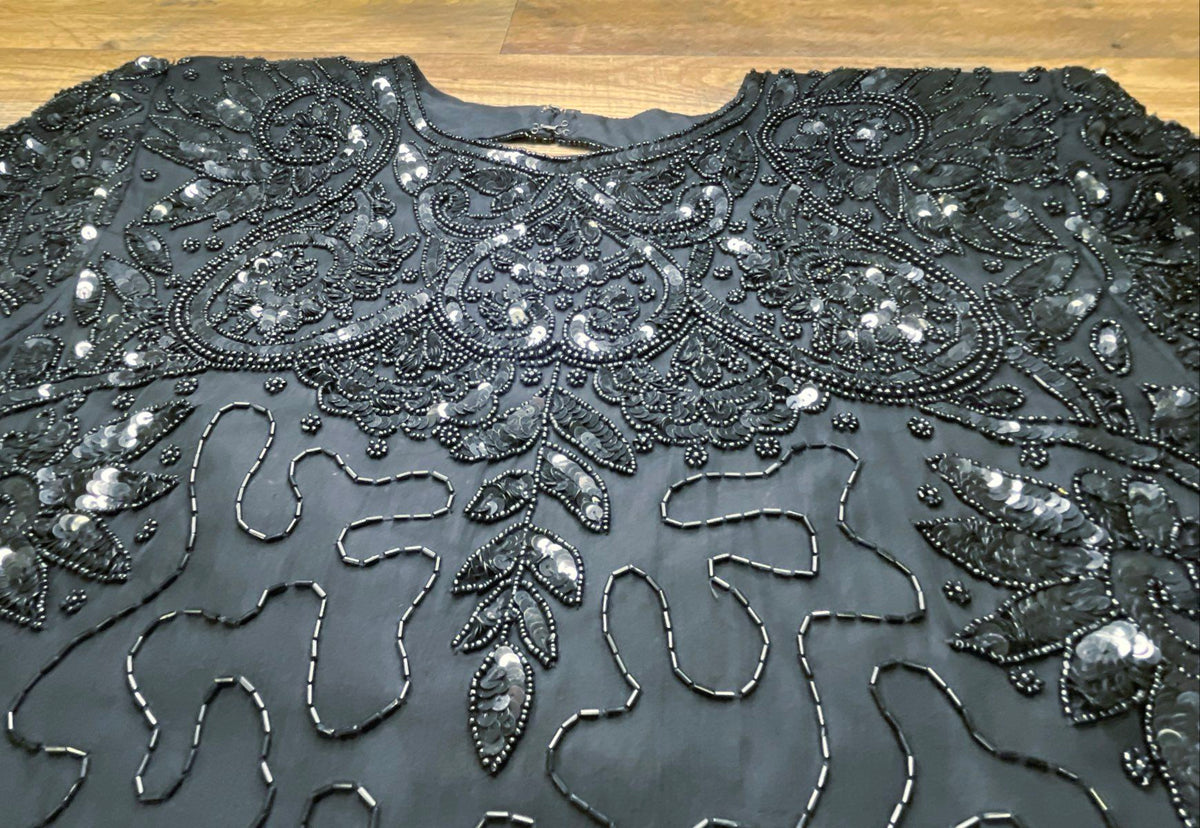 Vintage 90s Women's Black Beaded Sequined Cocktail Dress Keyhole Back