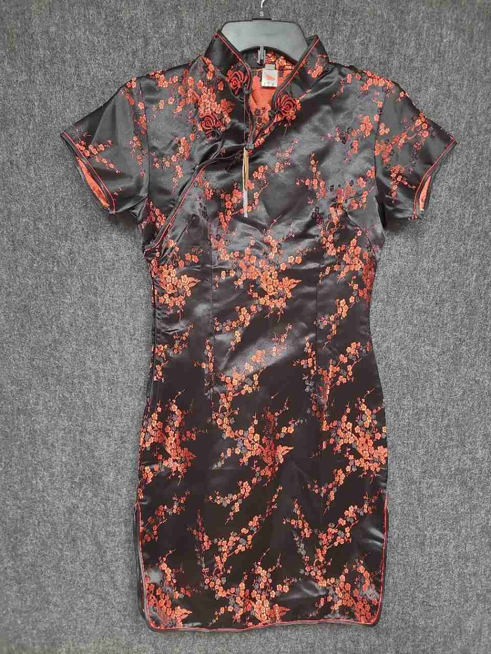 7Fairy Women's Black Red Floral Satin Cheongsam Qipao Dress NWT Sz 2