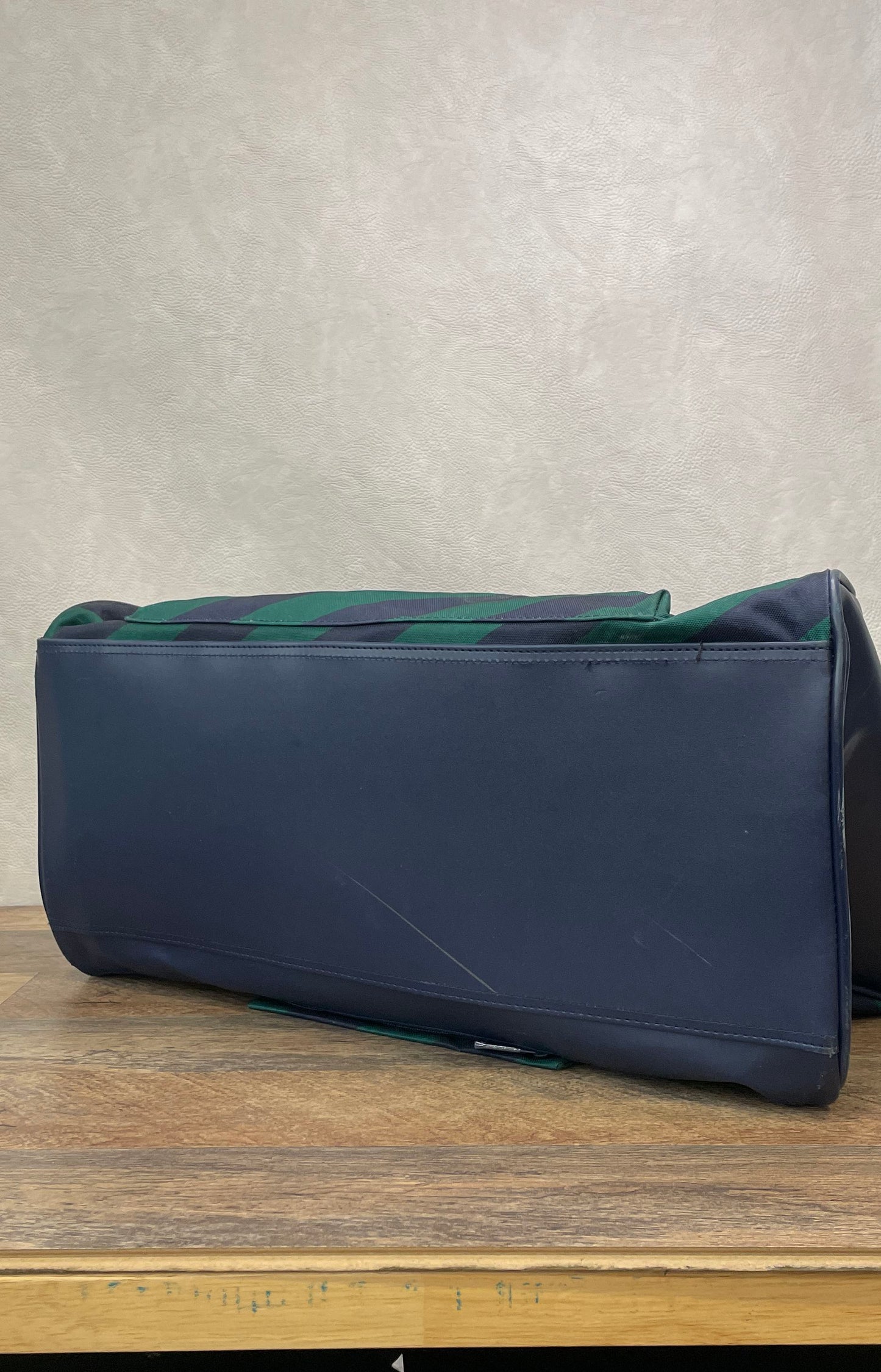 Tommy Hilfiger Navy Green Diagonal Striped Canvas Duffel Weekender Travel Bag