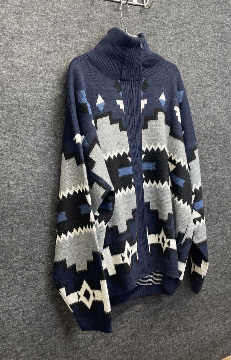 Vintage 90s Town Craft Men's Blue Geometric Aztec Quarter Zip Sweater Sz 2XLXT