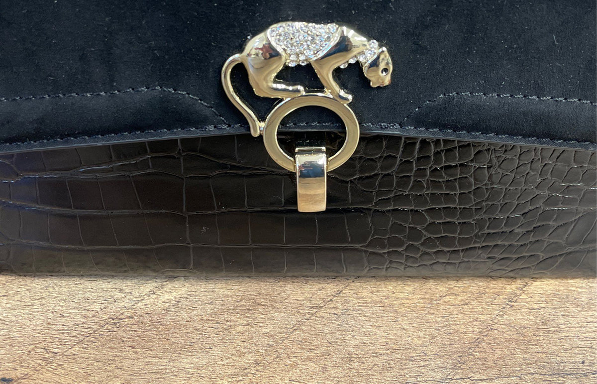 Topshop Black Croc Embossed Faux Leather Suede Panther Chain Crossbody Bag
