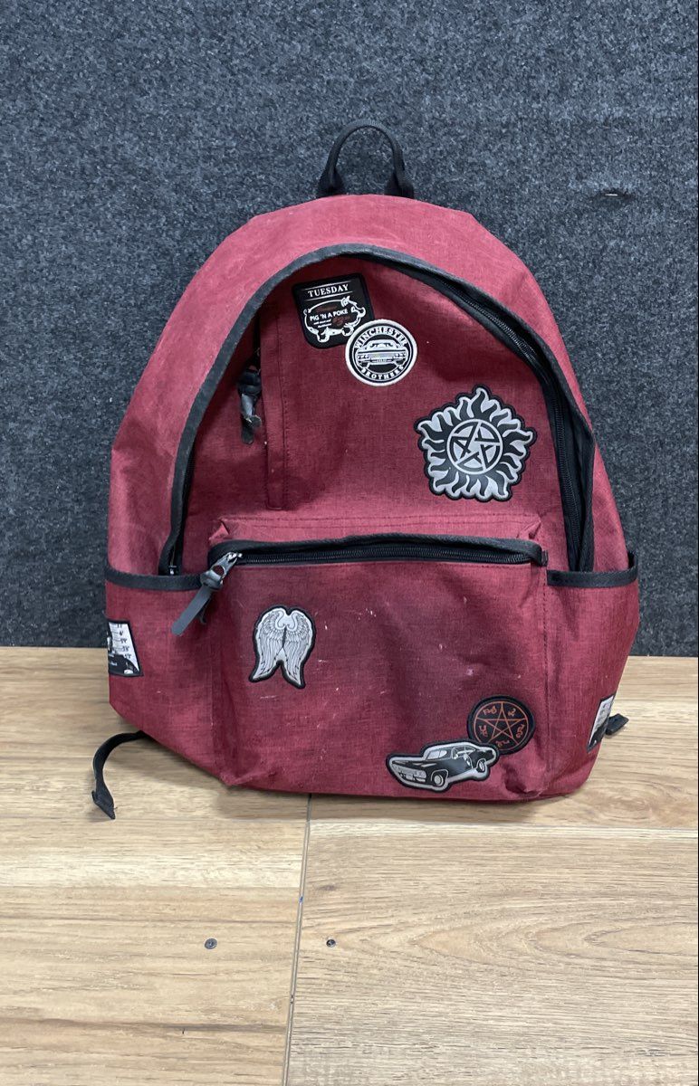 Supernatural TV Show Maroon Backpack Winchester Brothers Mugshot Patches