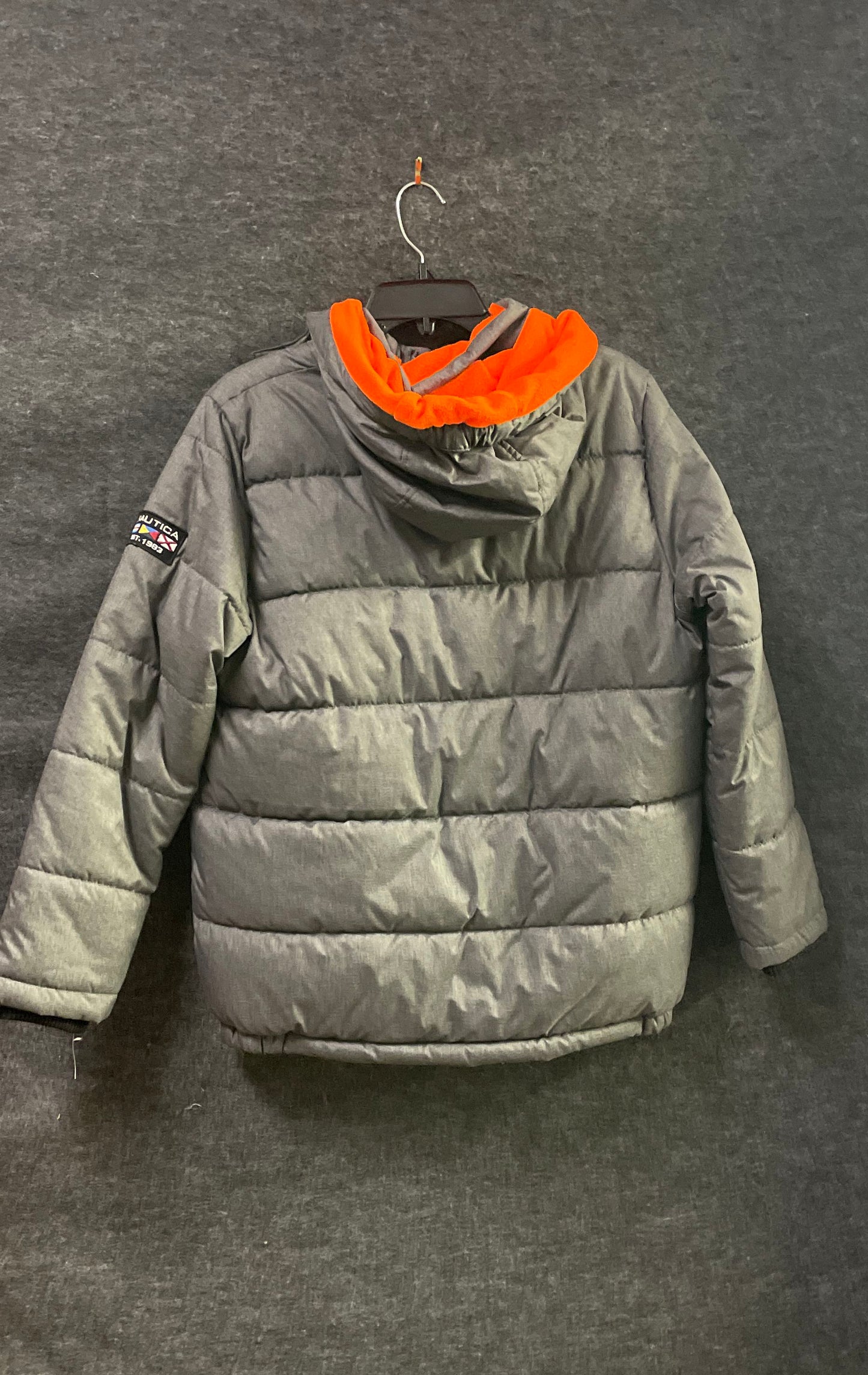 Nautica Boys' Gray Hooded Puffer Jacket Orange Fleece Lined Quilted Sz 14/16