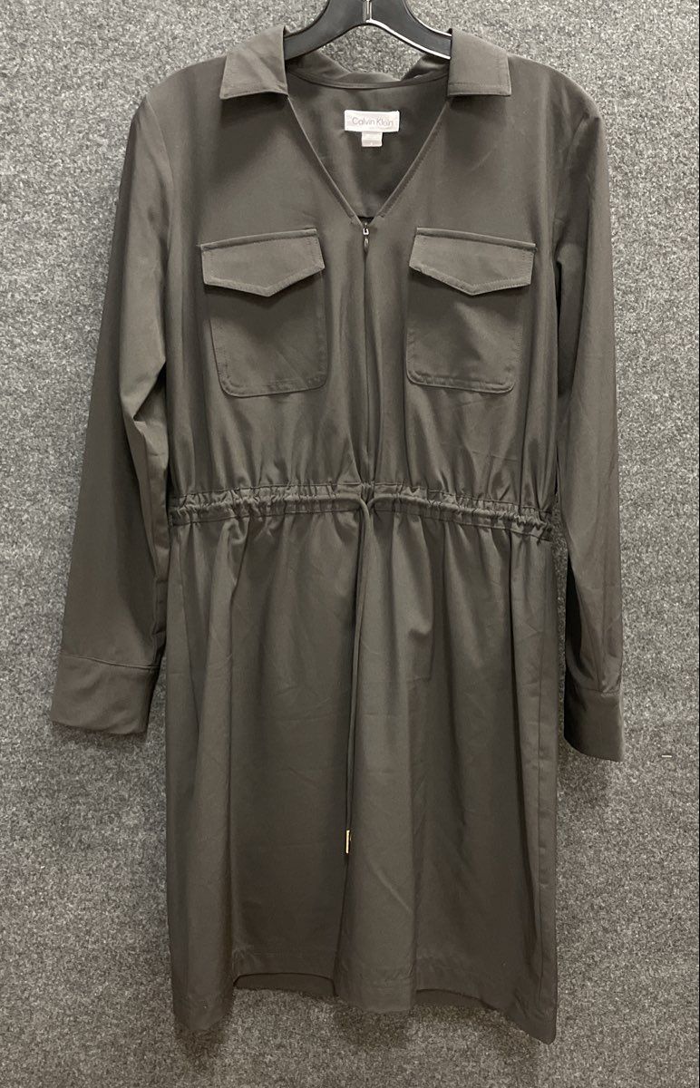 Calvin Klein Women's Dark Olive Long Sleeve Drawstring Utility Dress Sz 6