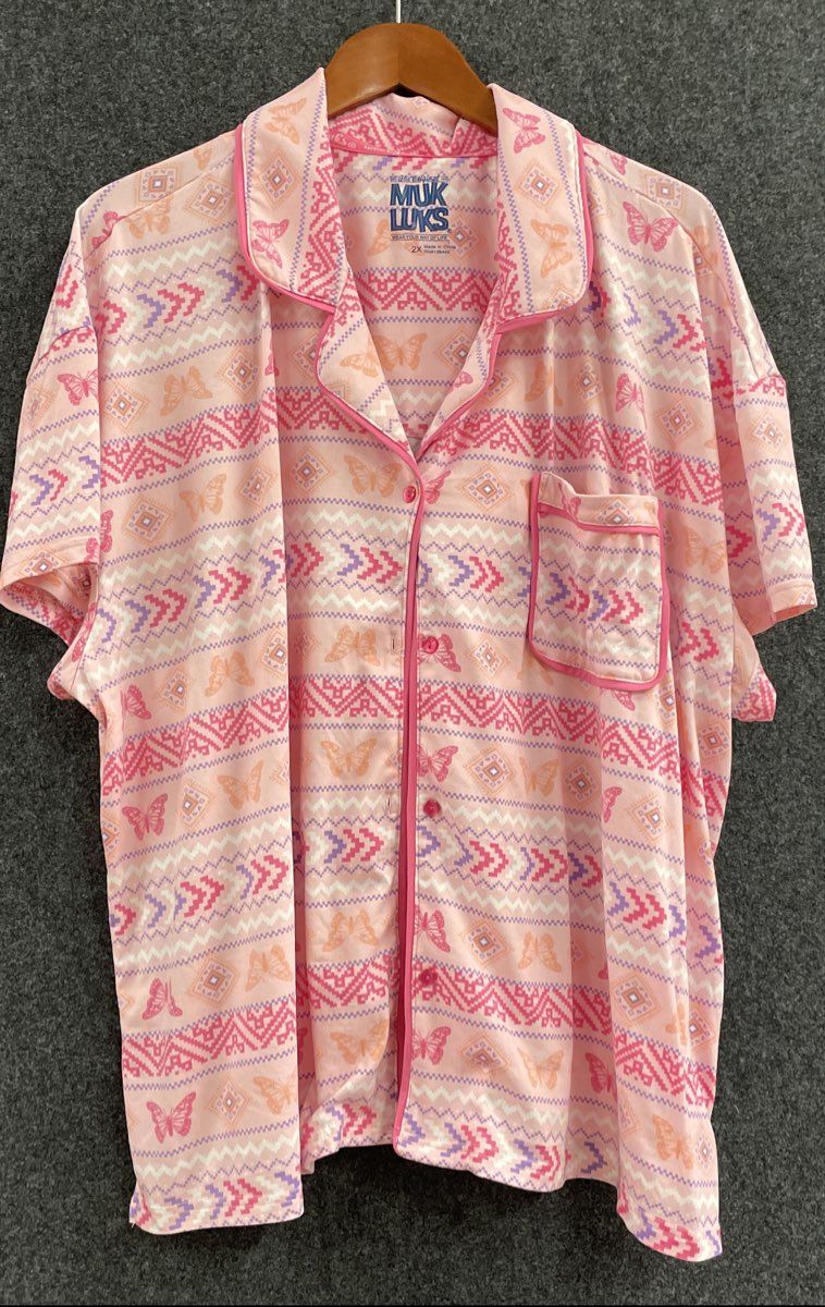 Muk Luks Women's Pajama Set Pink Butterfly Geometric Fair Isle 2 Piece Sz 2X