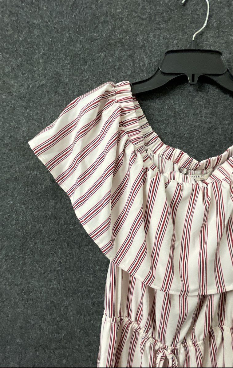 Forever 21 Women's Romper White Red Stripe Off Shoulder Ruffle Size S