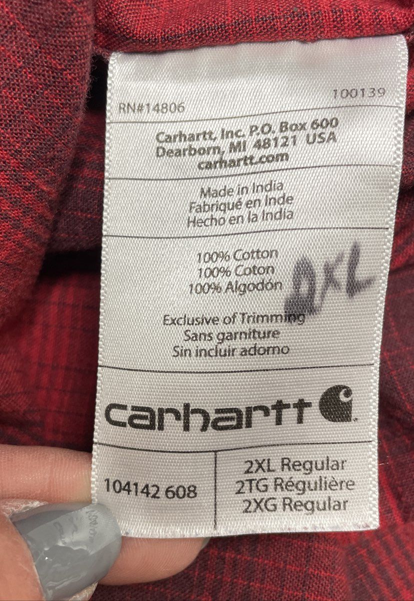 Carhartt Men's Red Plaid Flannel Long Sleeve Button Up Shirt Sz 2XL