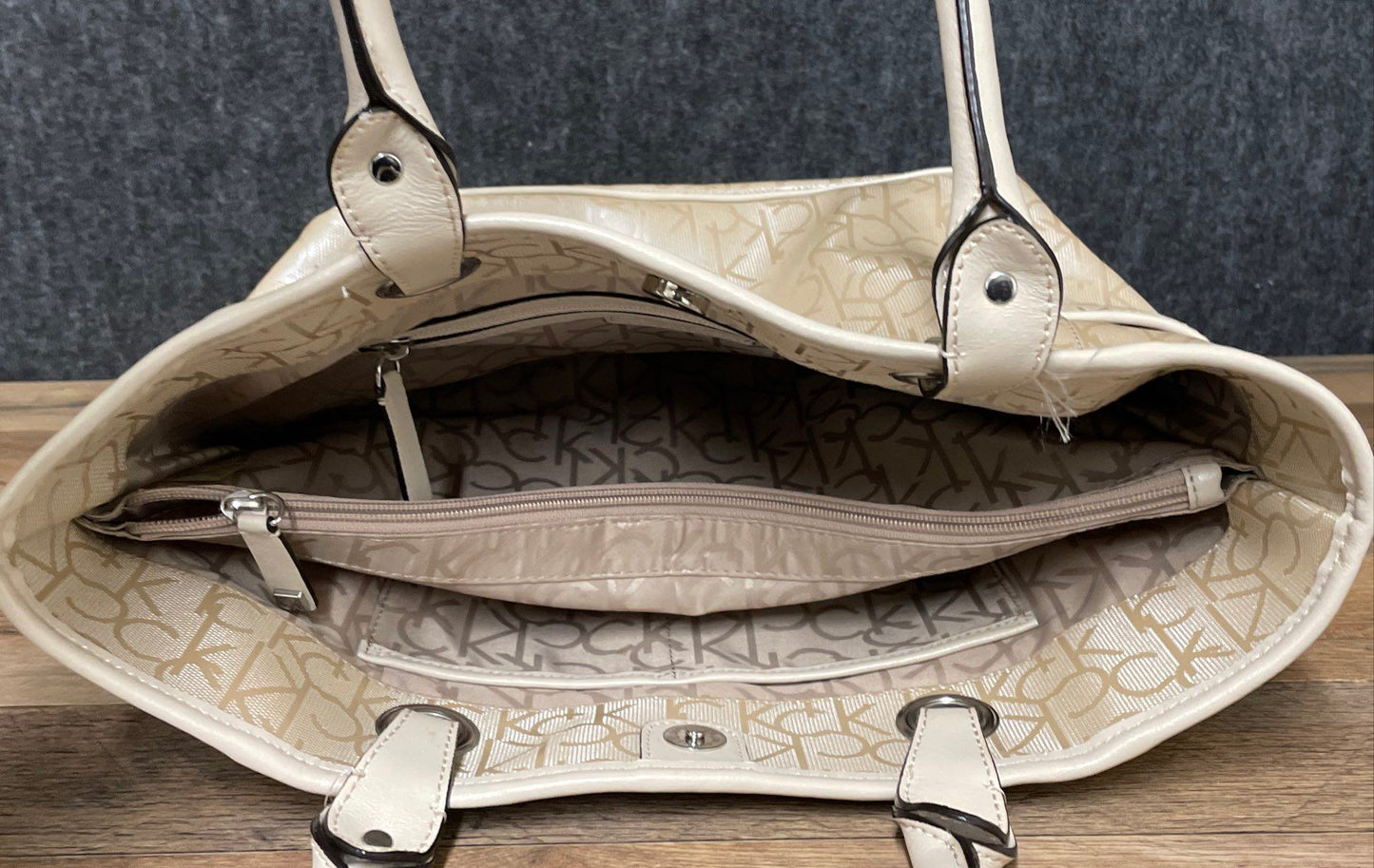 Calvin Klein Beige Monogram Coated Canvas Tote Bag Silver Hardware