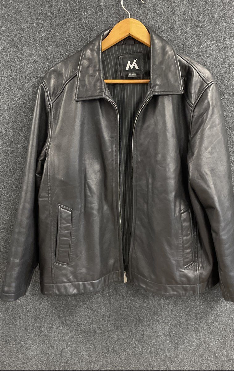 Marc New York Men's Black Leather Jacket Zip Pinstripe Lining Insulated XL