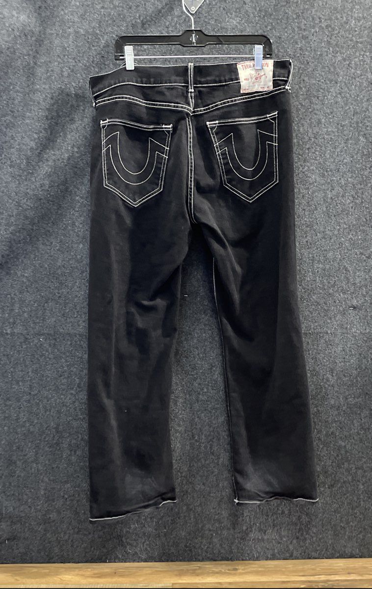 True Religion Women's Ricky Relaxed Straight Black Jeans Contrast Stitch Sz 36
