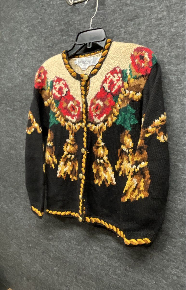 Vintage 90s The Eagle's Eye Women's Hand Knit Floral Tassel Cardigan Sweater M