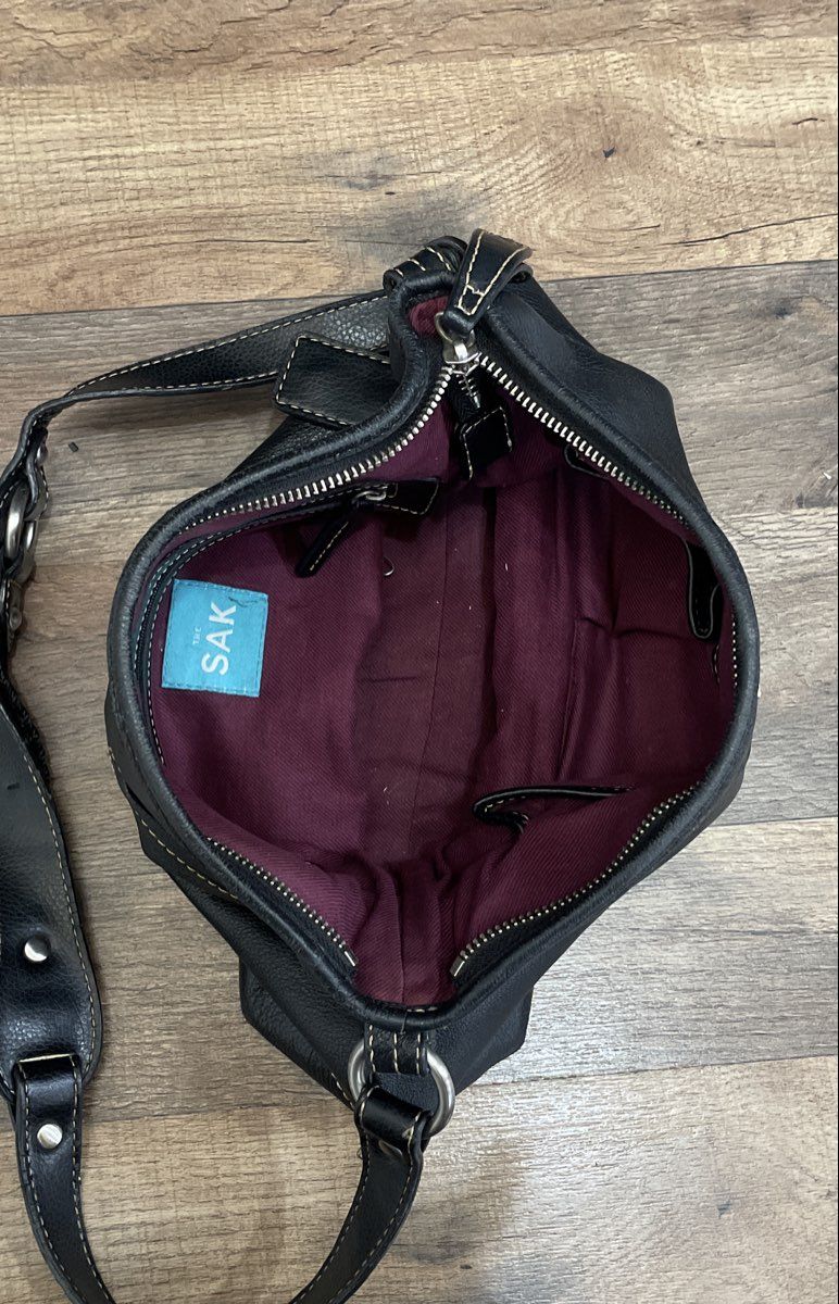 The Sak Black Leather Hobo Shoulder Bag Contrast Stitch Silver Hardware