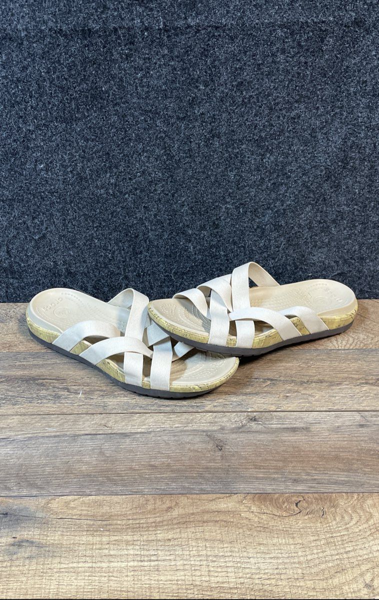 Crocs Kelli Strappy Sandal Oatmeal Tan Cork Print Women's Size 9