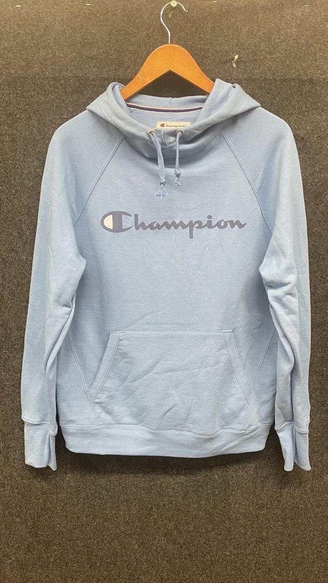 Champion Men's Light Blue Funnel Neck Raglan Script Hoodie Size L