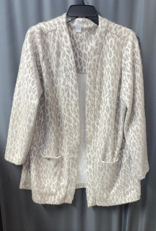 Chico's Women's Gray Leopard Print Fuzzy Open Front Cardigan Sweater Sz 2 L