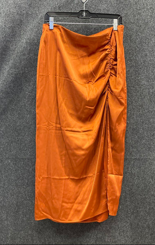 Abercrombie & Fitch Women's Orange Satin Ruched Midi Slit Skirt Sz L NWT