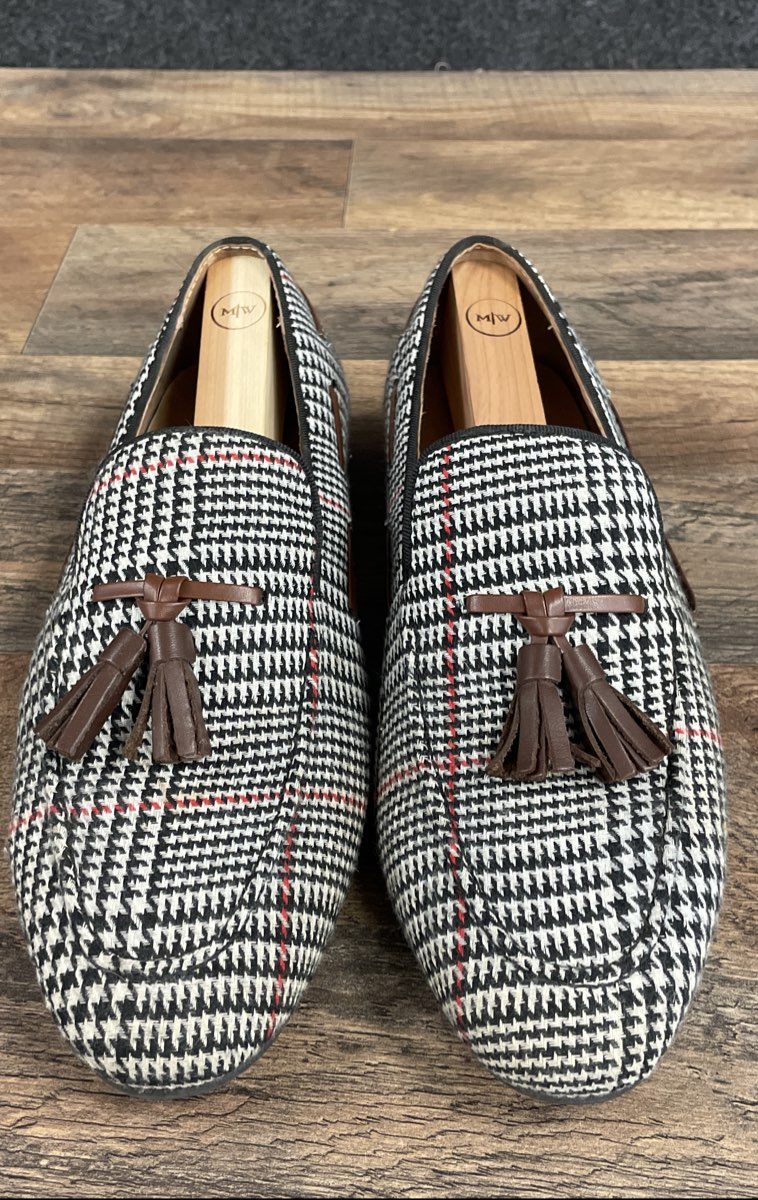 Elanroman Houndstooth Tassel Loafers Prince of Wales Check Red Sole Size 43