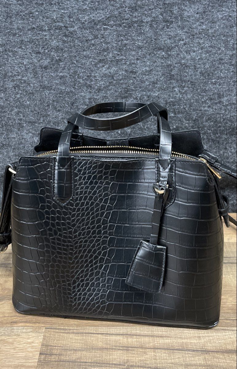 A New Day Black Croc Embossed Faux Leather Satchel Tote Bag Gold Hardware