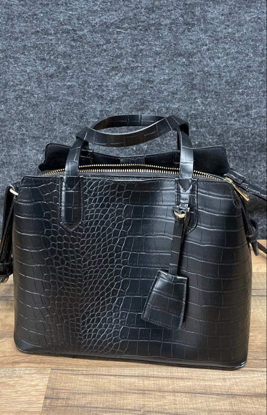 A New Day Black Croc Embossed Faux Leather Satchel Tote Bag Gold Hardware
