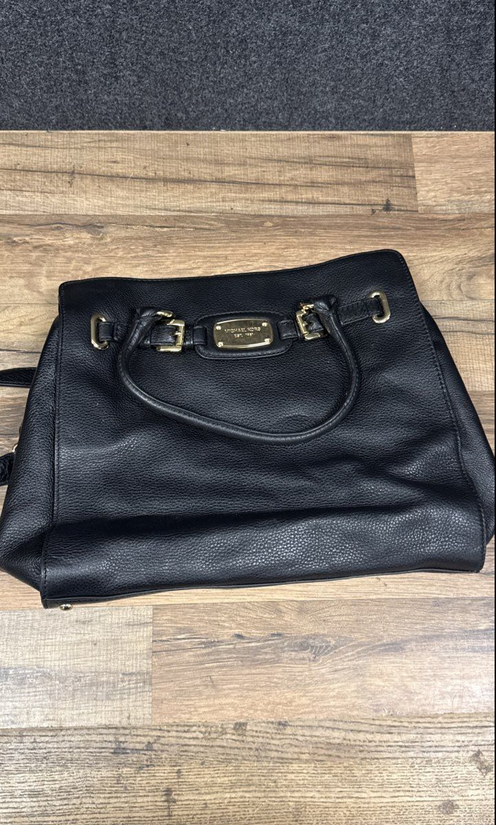 Michael Kors Black Pebbled Leather Hamilton Satchel Tote Bag Gold Hardware