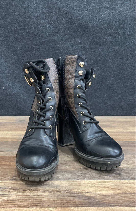 GBG Los Angeles Sifty Brown Monogram Lace Up Block Heel Combat Boots Size 8M