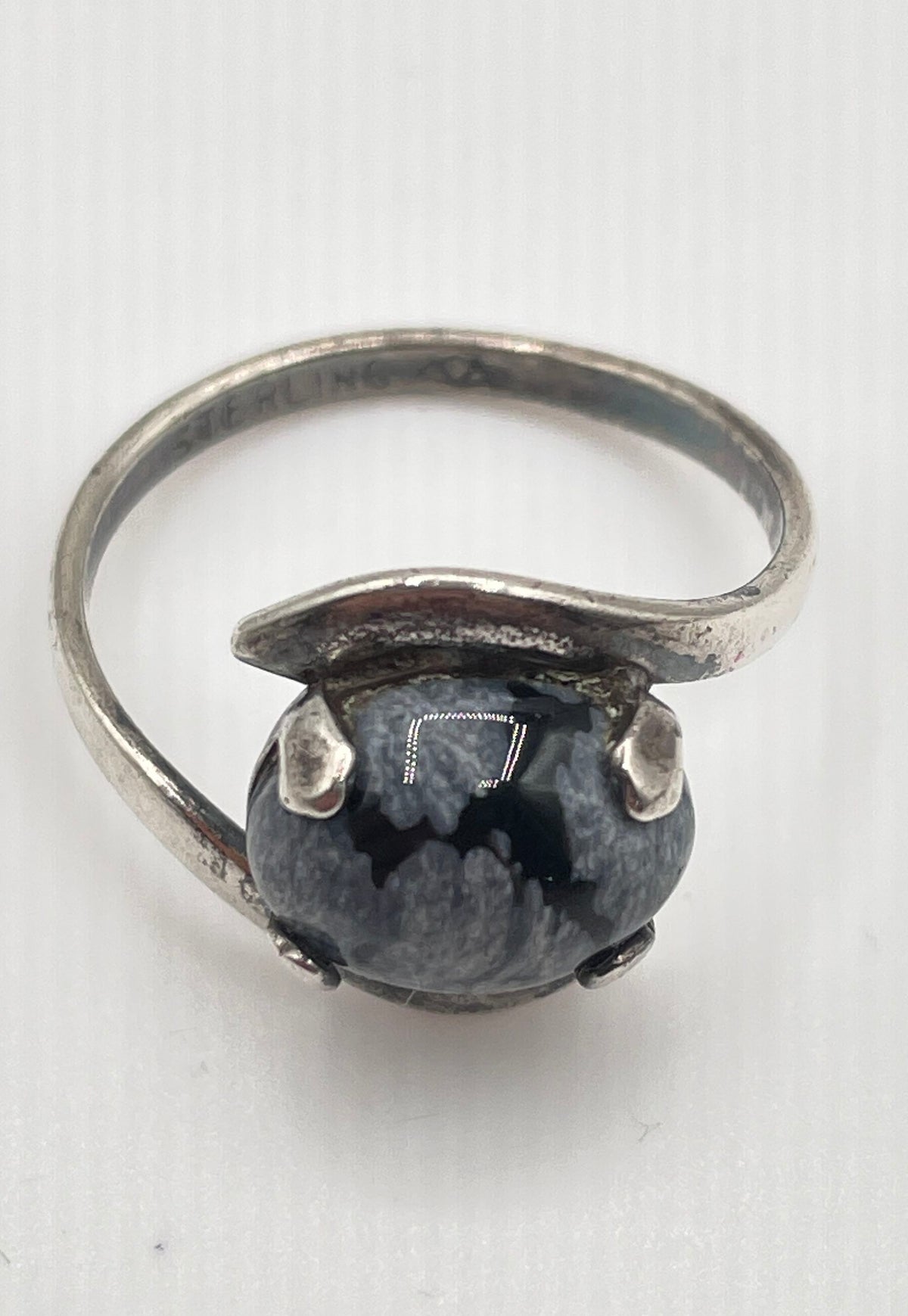 925 Sterling Silver Snowflake Obsidian Bypass Ring 2.1g