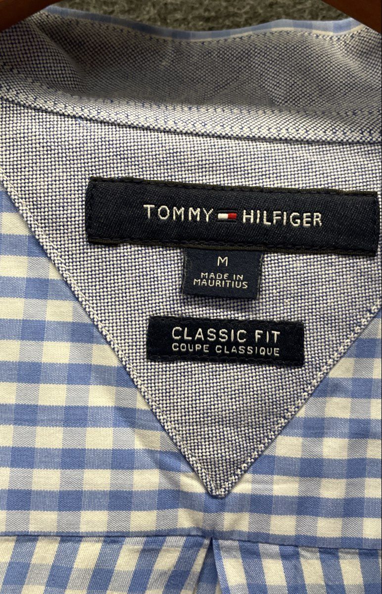 Tommy Hilfiger Men's Blue White Gingham Checkered Classic Fit Button Up Shirt M