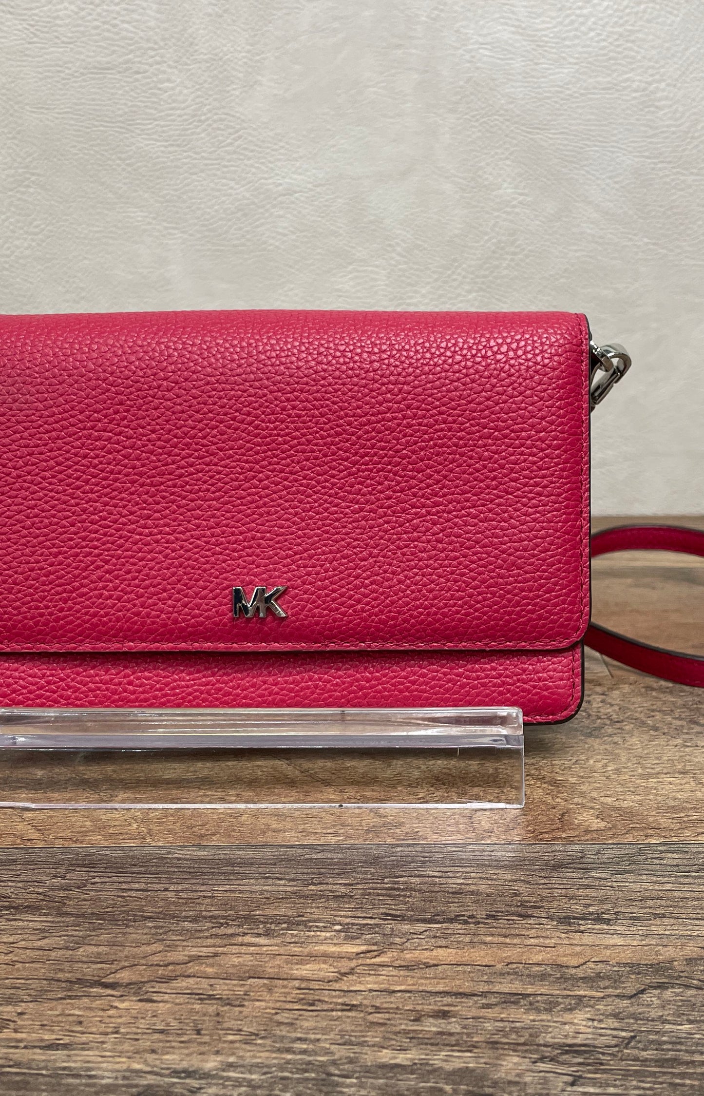 Michael Kors Pink Pebbled Leather Crossbody Wallet Bag Silver Hardware