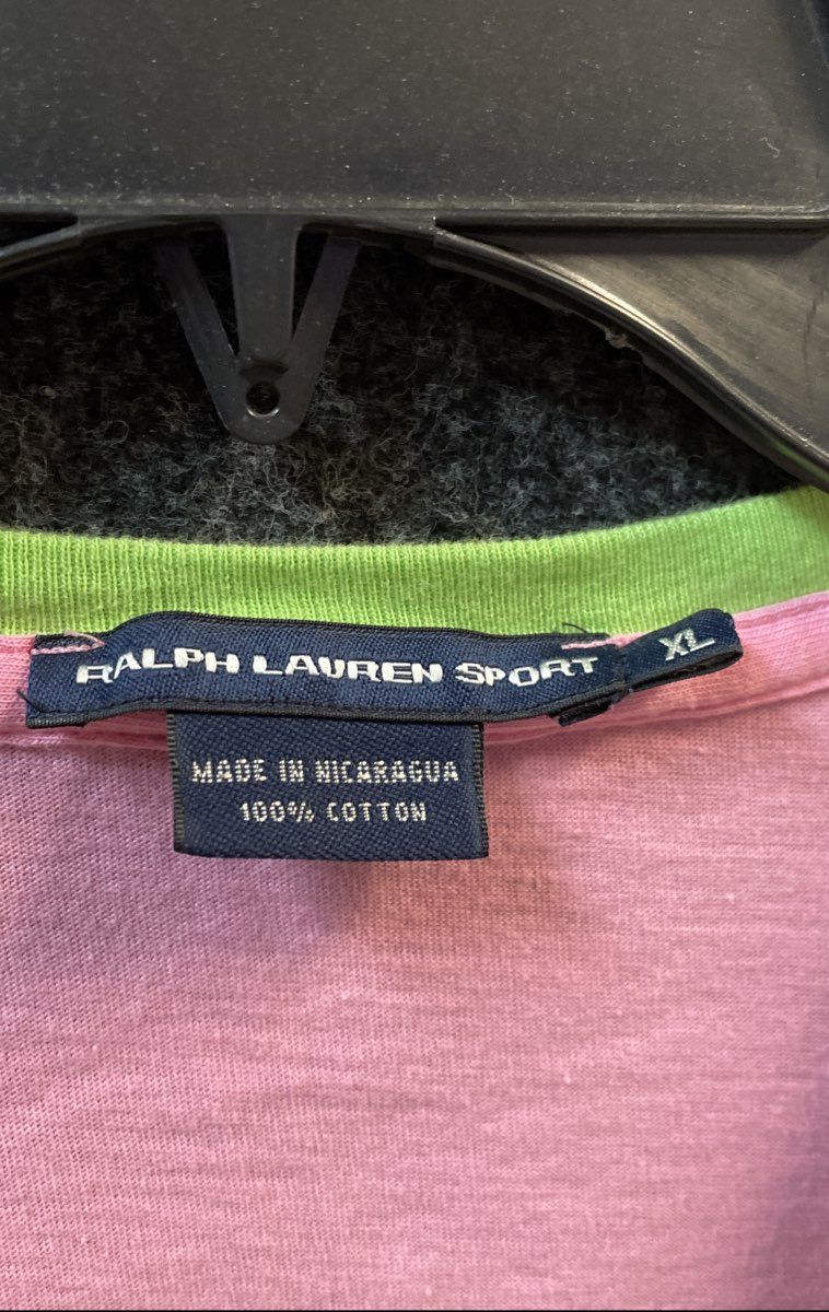 Ralph Lauren Sport Women's Pink V-Neck T-Shirt Lime Green Trim Pony Logo Sz XL