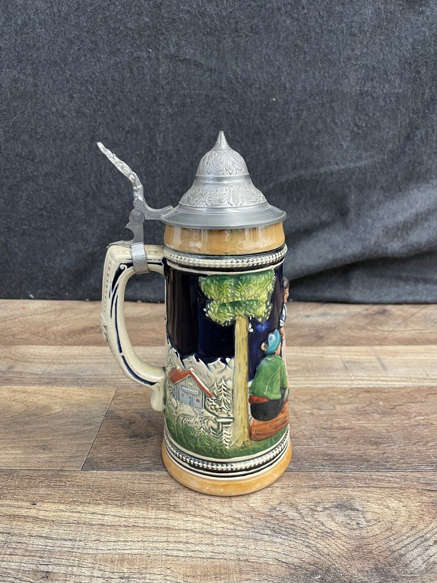 Vintage W. Germany Beer Stein 3003 Lidded Mug Cobalt Blue Tavern Scene