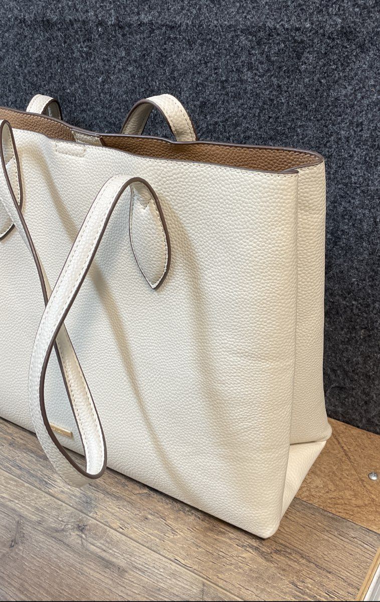 Anne Klein Beige Pebbled Tote Bag Handbag Large Gold Tone Hardware