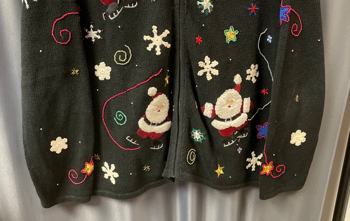 Vintage Y2K Designers Originals Studio Women's Black Santa Christmas Cardigan 2X