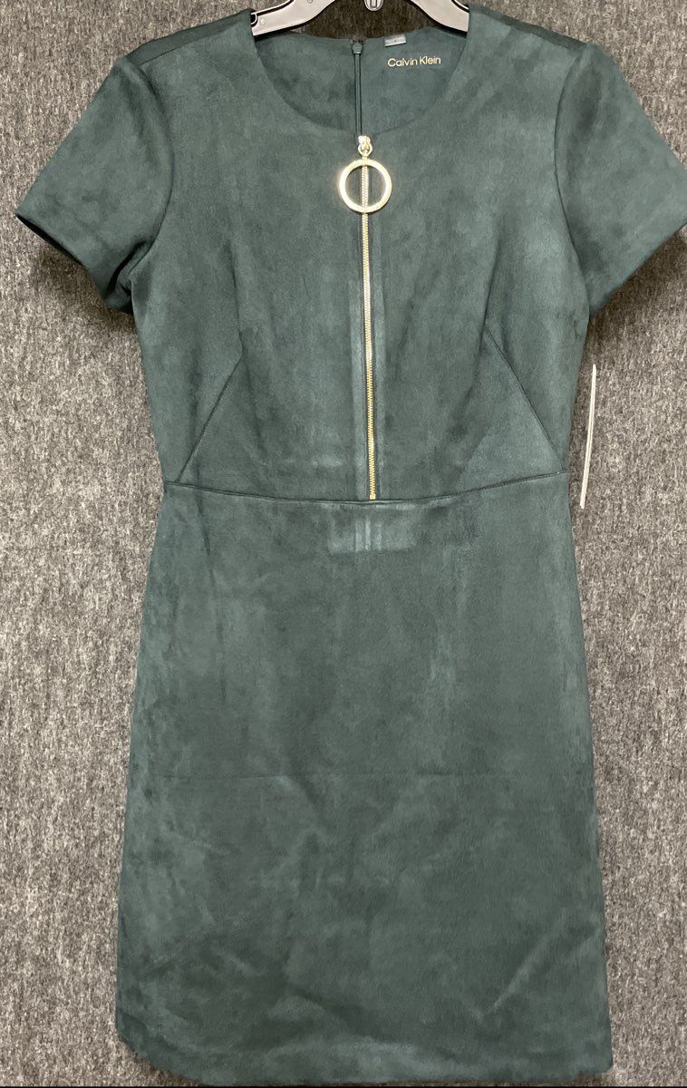 Calvin Klein Women's Green Faux Suede O-Ring Front Zip Sheath Dress NWT Sz 6