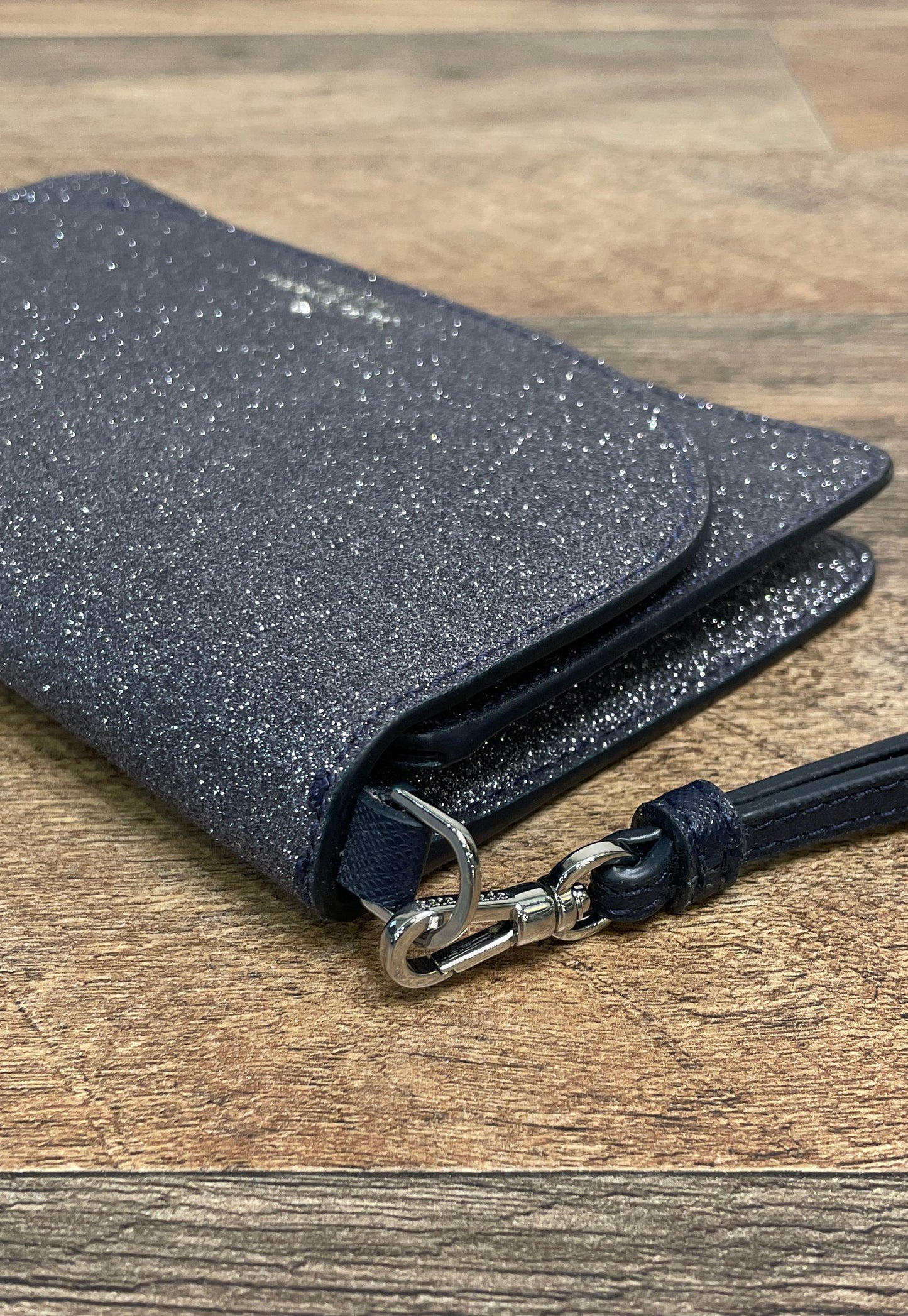 Kate Spade Silver Glitter Navy Blue Leather Trim Wristlet Clutch Bag