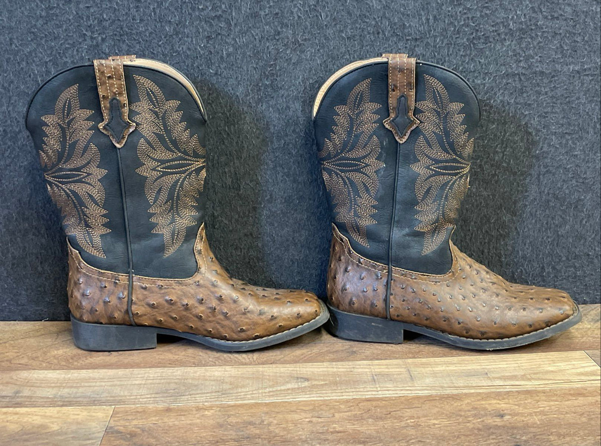Roper Big Kids Faux Ostrich Print Western Cowboy Boots Brown Black Size 6
