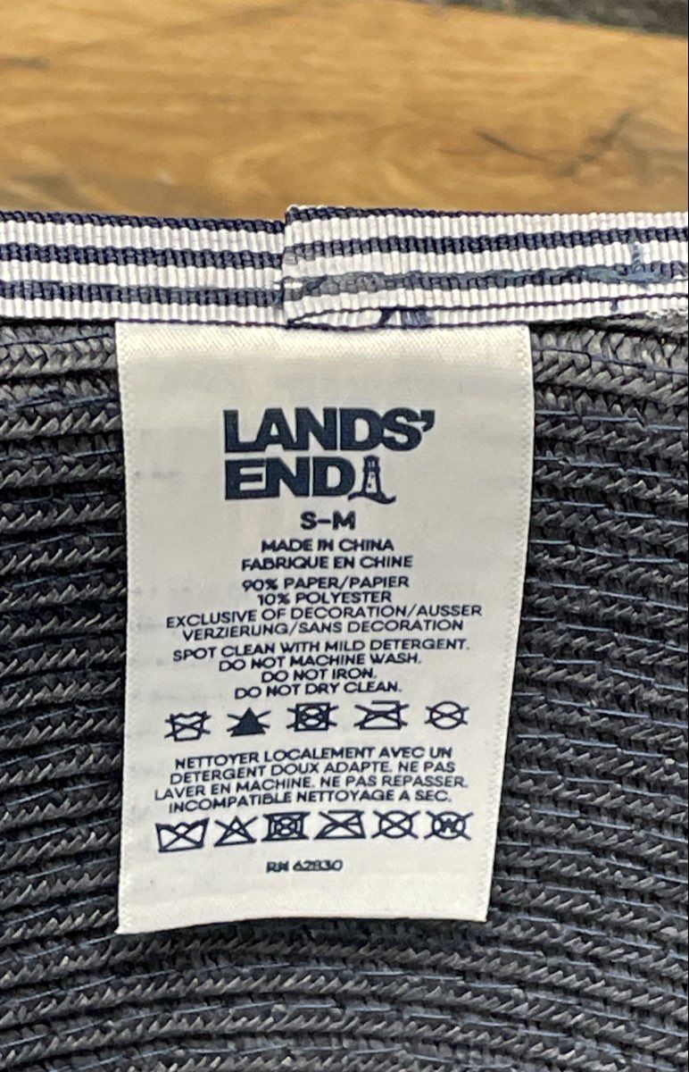 Lands' End Women's Navy Blue Wide Brim Straw Hat Striped Band Sz S-M