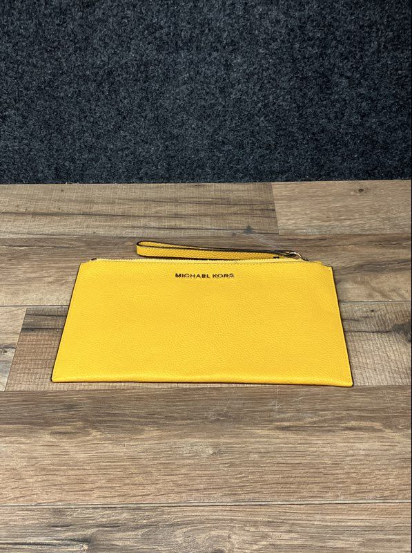 Michael Kors Yellow Pebbled Leather Large Wristlet Pouch Gold Hardware