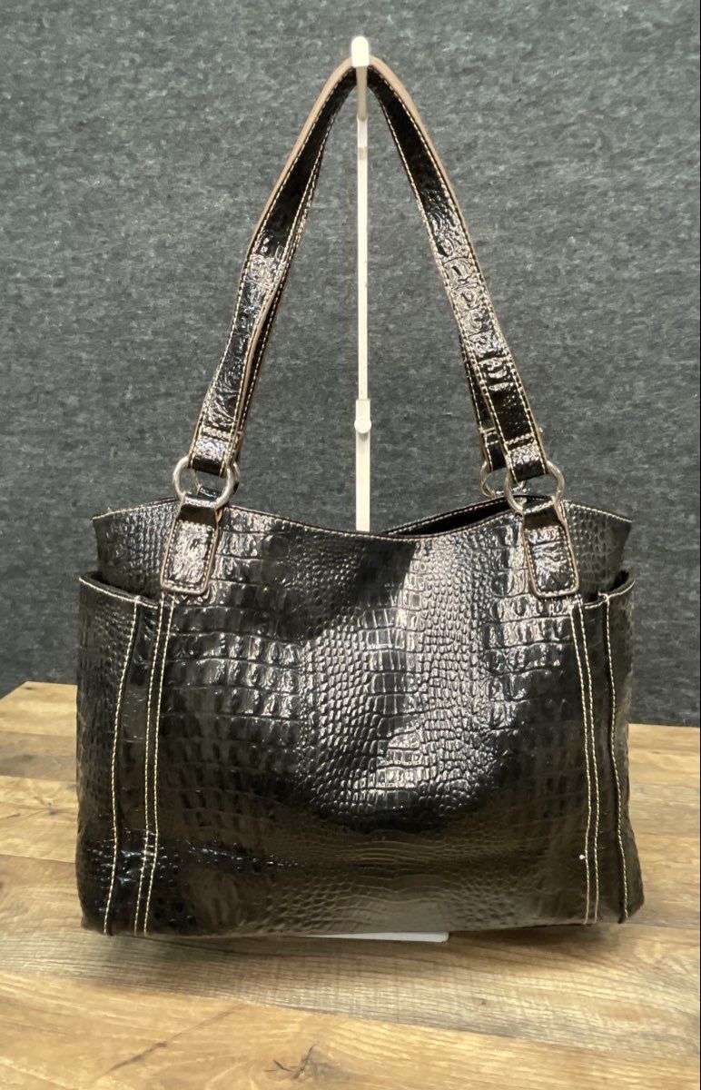 Sag Harbor Black Croc Embossed Faux Leather Tote Shoulder Bag Silver Hardware