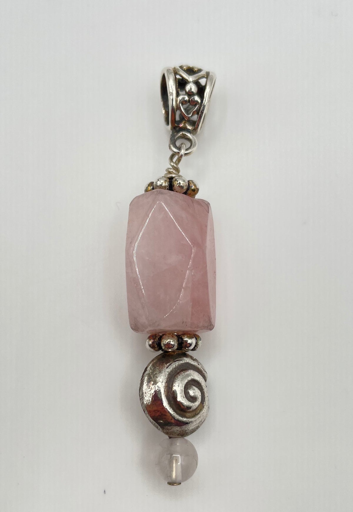 925 Sterling Silver Ornate Bead & Rose Quartz Pendant 11.8g
