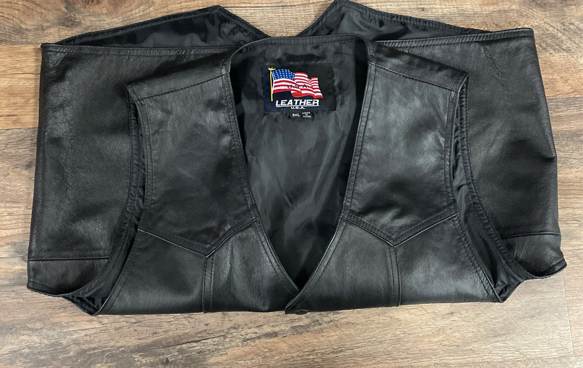 USA Leather Men's Black Eagle Patch Biker Vest Western Snap Front Sz 3XL