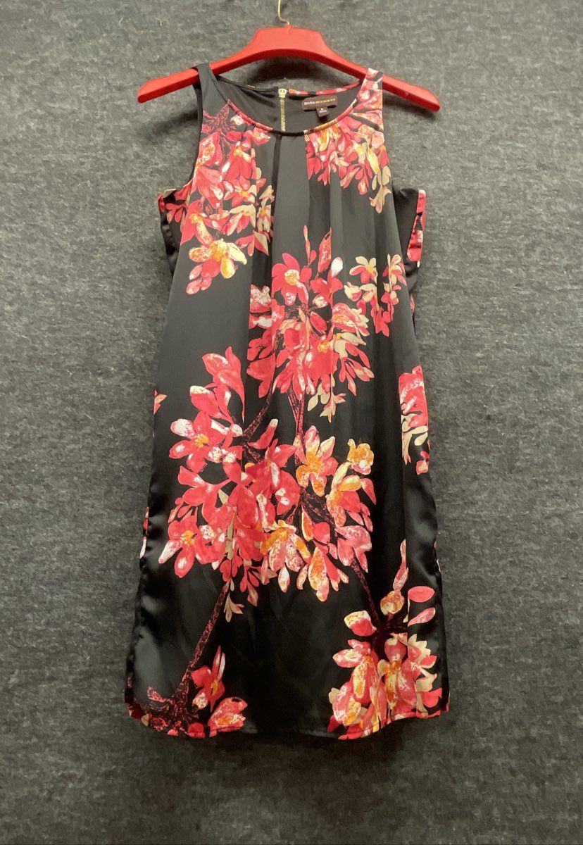 Dana Buchman Women's Black Red Floral Sleeveless Satin Shift Dress Size M