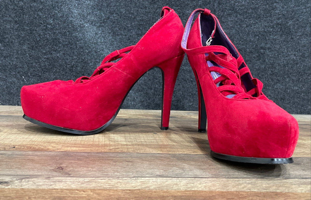 Privilege Red Faux Suede Platform Strappy Cage Stiletto Heels Women's Size 8.5